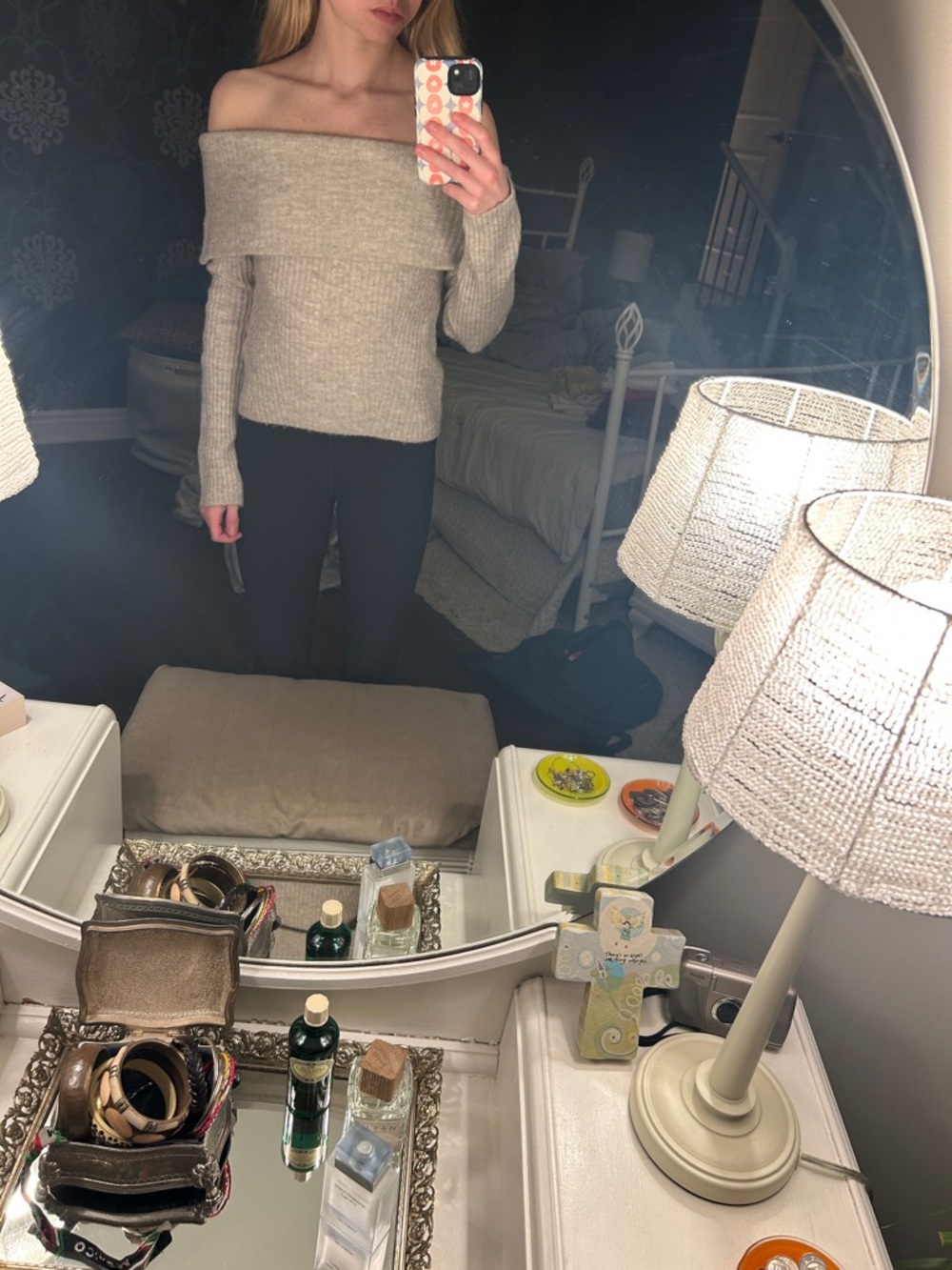 H and M birch Off-Shoulder Foldover Knit Sweater